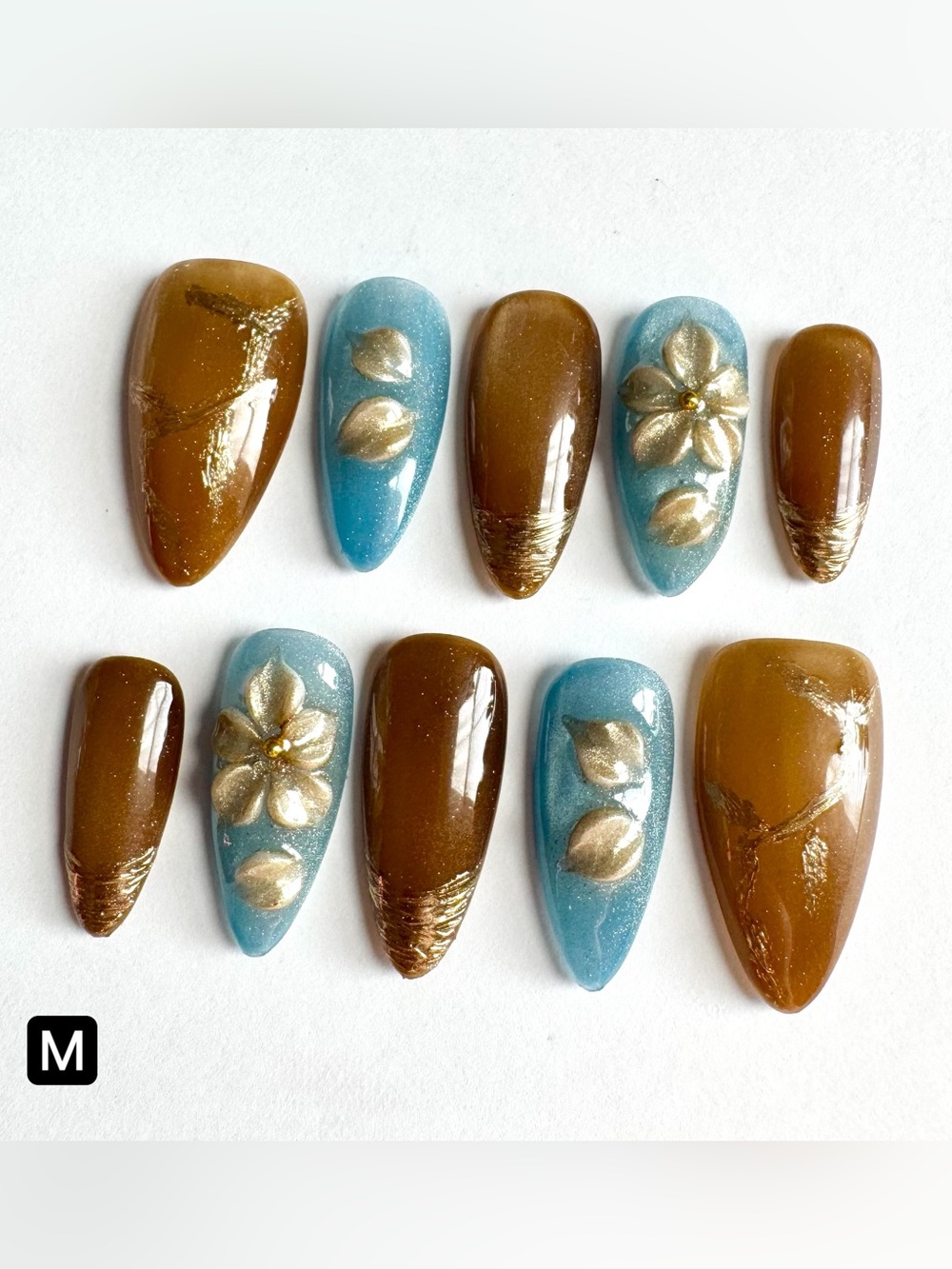 Blue and Brown Floral Press-On Nails
